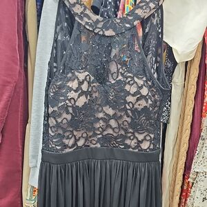 Morgan & Co. Black Lace Halter Prom Dress with Nude Lining